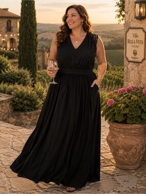 Lane Bryant Black Maxi Dress 26/28 Lace Shoulder Sleeveless Plus Size Formal